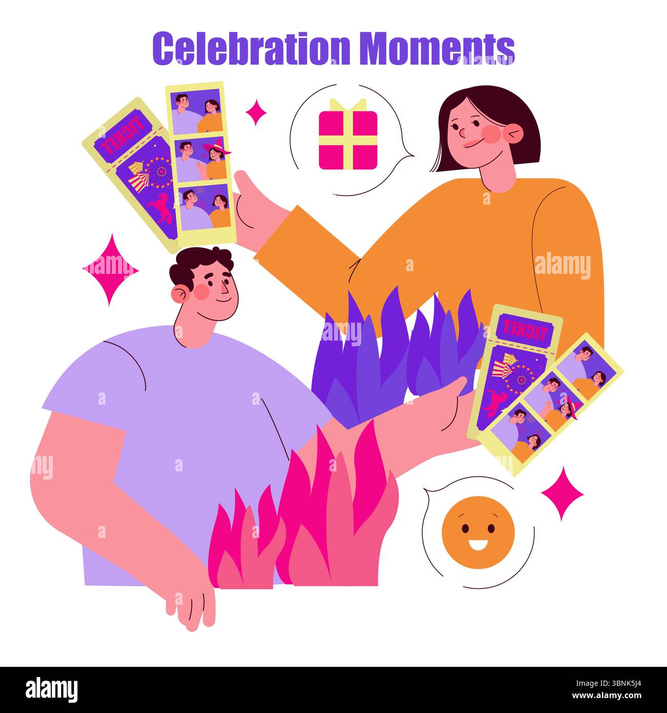 Vektor-Illustration von zwei Freunden, die während einer Feier Fotos austauschen. Das Bild hebt Freude und Freundschaft mit zusätzlichen Geschenkelementen hervor und betont eine festliche Atmosphäre. Stock Vektor