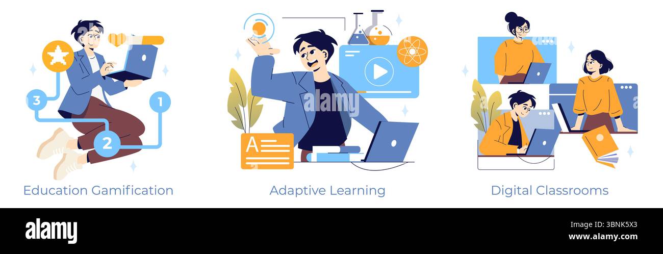 Vektorabbildung mit adaptivem Lernen, Gamification im Bildungsbereich und digitalen Klassenzimmern. Charaktere interagieren mit Laptops und demonstrieren moderne Bildungspraktiken und -Technologien. Stock Vektor