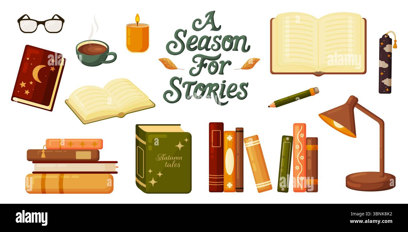 Flaches Vektorset mit Herbstleseelementen wie Buchstapeln, offenem Buch, Gläsern, dampfendem Kaffee, gemütlicher Kerze, Bleistift, Schreibtischlampe und Schriftzug. Stock Vektor