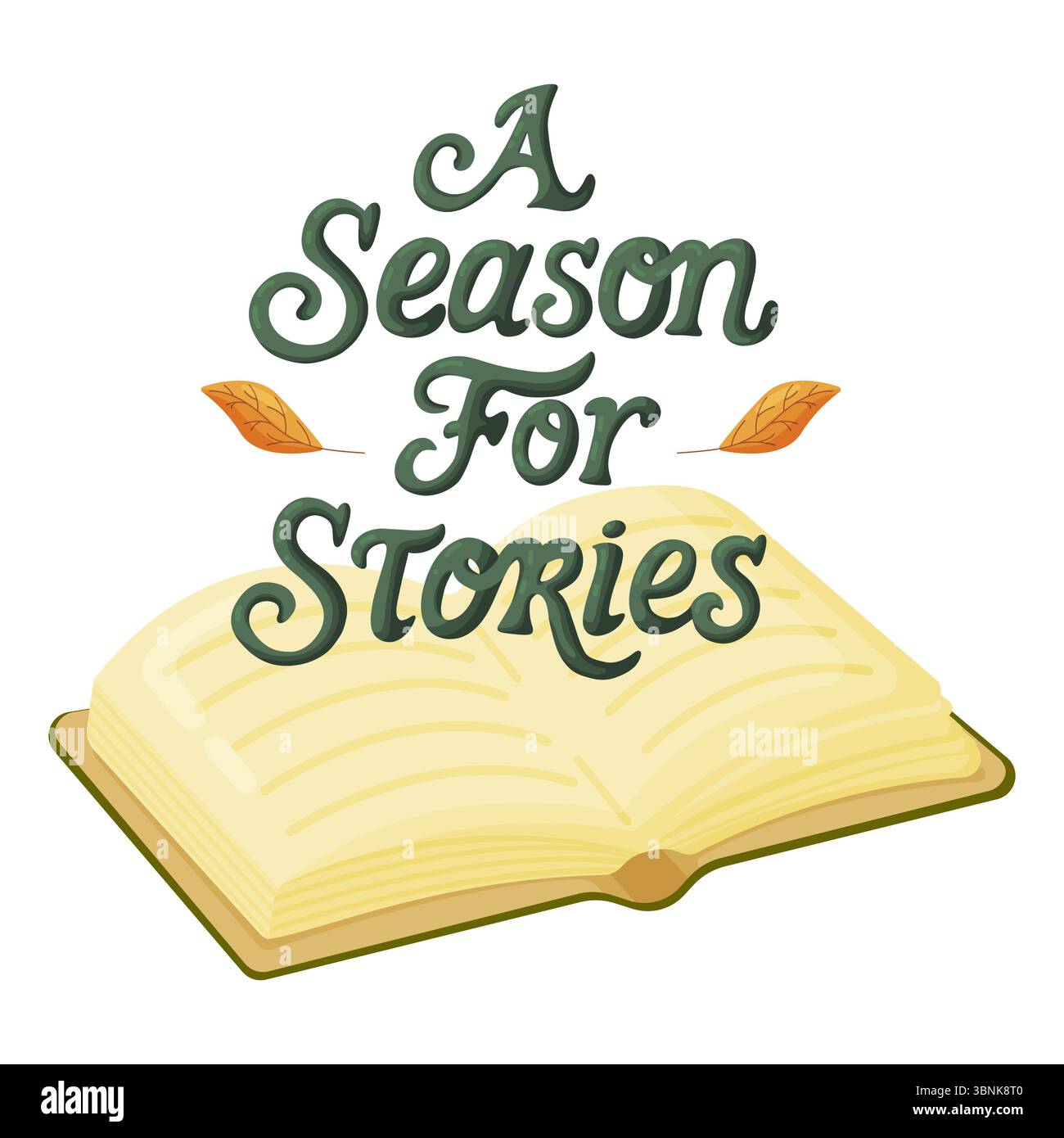 Flache Vektorillustration eines offenen Buches unter handschriftlichem Text mit Herbstlaub. Perfekt für Herbst, Lesen, Storytelling und Literatur Stock Vektor
