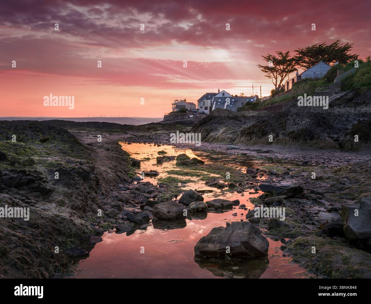 Appledore, North Devon – der South West Coast Path, der bei Sonnenaufgang im Mai in Richtung Appledore RNLI-Station führt, wenn die Flut langsam hereinbricht. Stockfoto