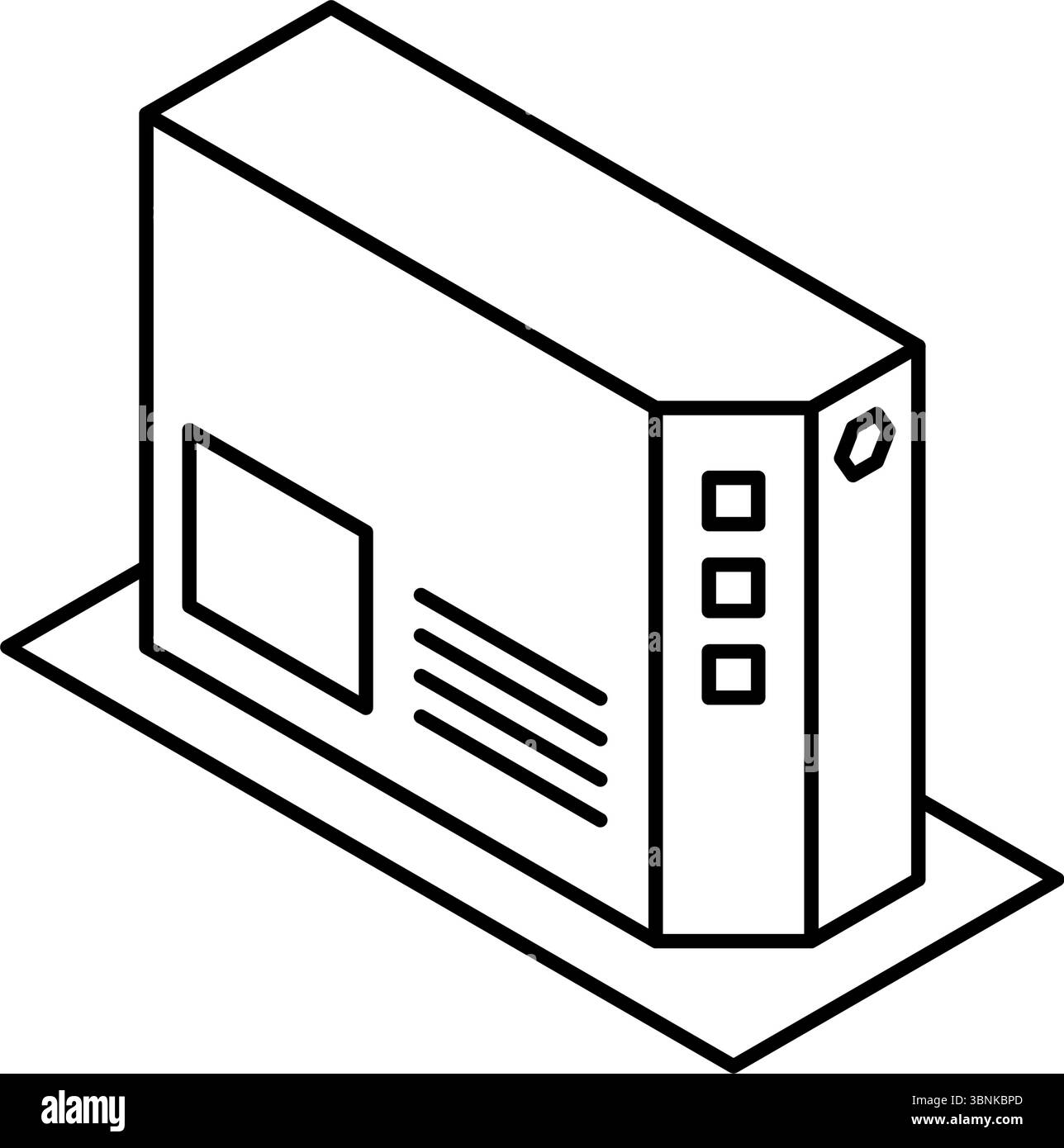 Isometrisches Liniensymbol der optischen ONU-Netzwerkeinheit mit Glasfaseranschluss und Anzeigeleuchten, Schwarzweiß, Vektorabbildung Stock Vektor Isometrisches Liniensymbol der optischen ONU-Netzwerkeinheit mit Glasfaseranschluss und Anzeigeleuchten, Schwarzweiß, Vektorabbildung Stock Vektor