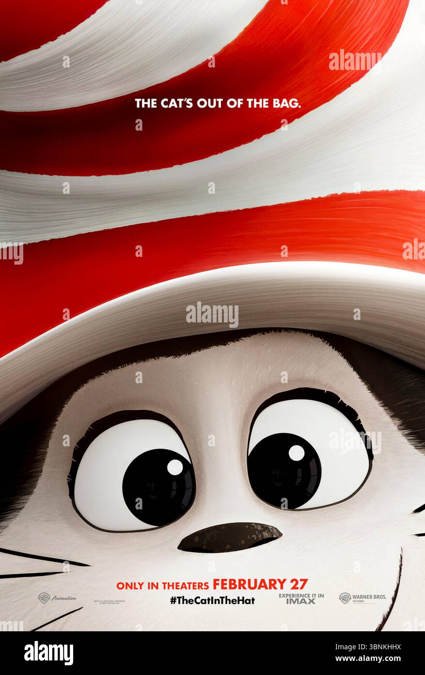 The Cat in the hat (2026) von Alessandro Carloni mit Bill Hader, Quinta Brunson und Bowen Yang. Eine animierte Adaption von Dr. Seuss' geliebtem Buch, in dem eine schelmische Katze mit rot-weißem Hut einen langweiligen, regnerischen Tag in ein wildes Abenteuer für zwei Kinder verwandelt. NUR ZUR REDAKTIONELLEN VERWENDUNG des US-Advance-Posters. Quelle: BFA / Warner Bros Stockfoto