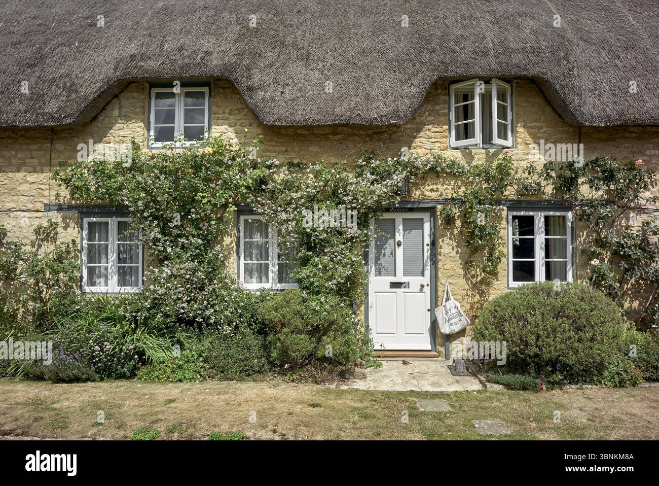 Reetdachhaus, Großbritannien, englisches Haus, Minster Lovell Village, Cotswolds, Oxfordshire, England, traditionelles englisches Landhaus, Vereinigtes Königreich Stockfoto