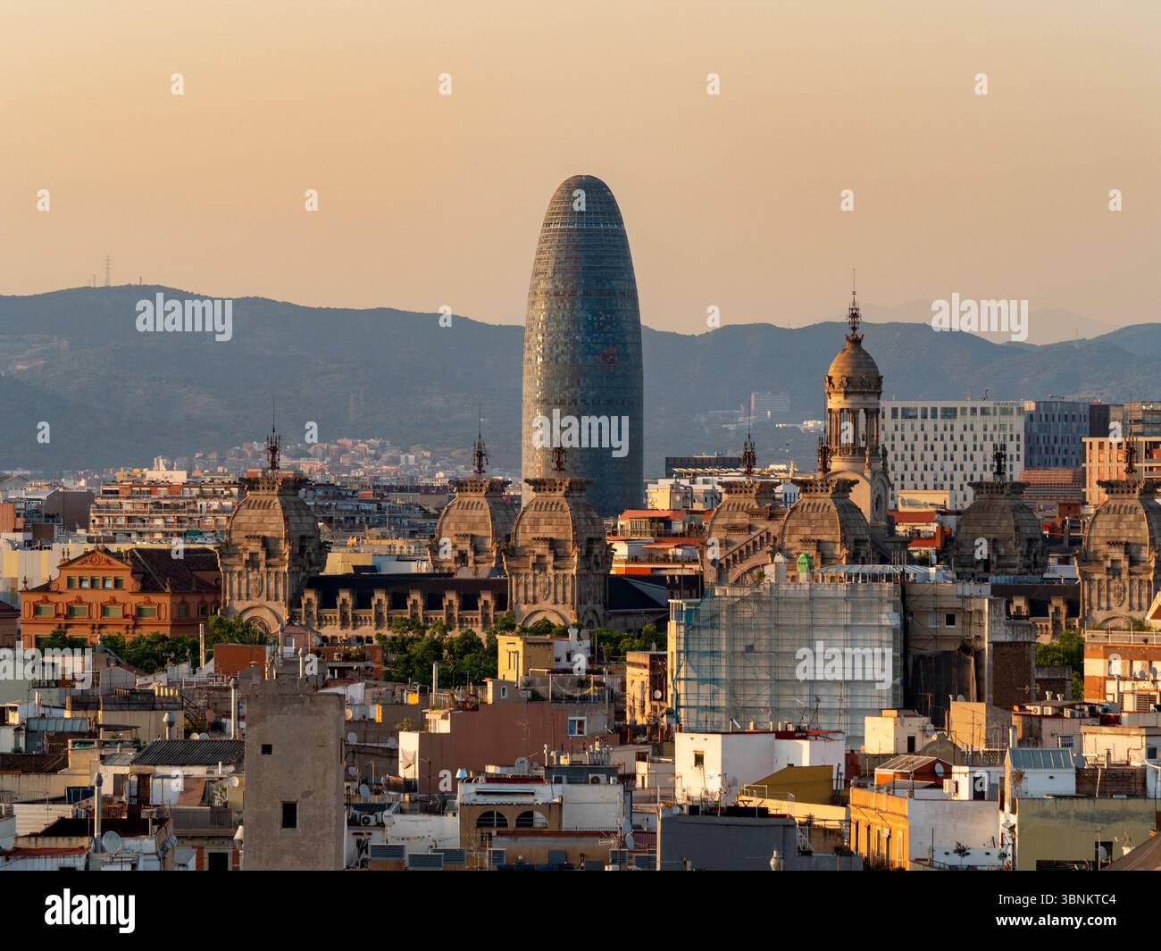 Blick auf die Skyline von Barcelona bei Sonnenuntergang mit dem unverwechselbaren Torre Glòries (früher Torre Agbar), der sich über historischen Dächern erhebt, mit den Bergen Stockfoto