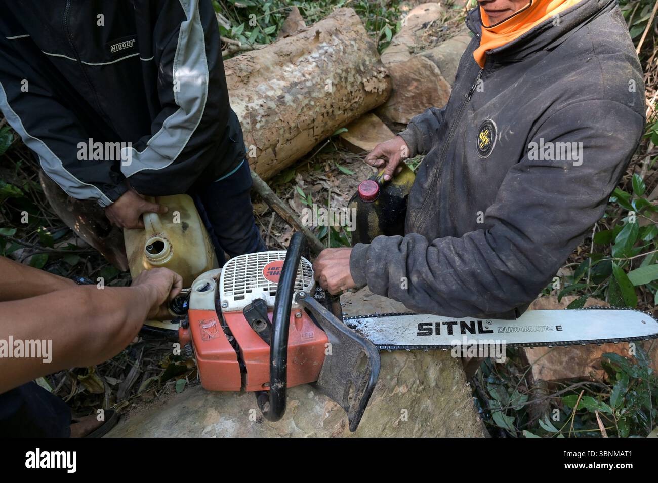 LAOS PDR, Provinz Salawan, Entwaldung, Baumschnitt mit deutscher Kettensäge STIHL mit doppelter chinesischer Klinge Sitnl, Befüllung von gebrauchtem Autoöl als Sägekettenschmierung / LAOS, Provinz Salavan, Entwaldung, Fälle von Bäumen, Altöl für Sägekettenschmierung Stockfoto