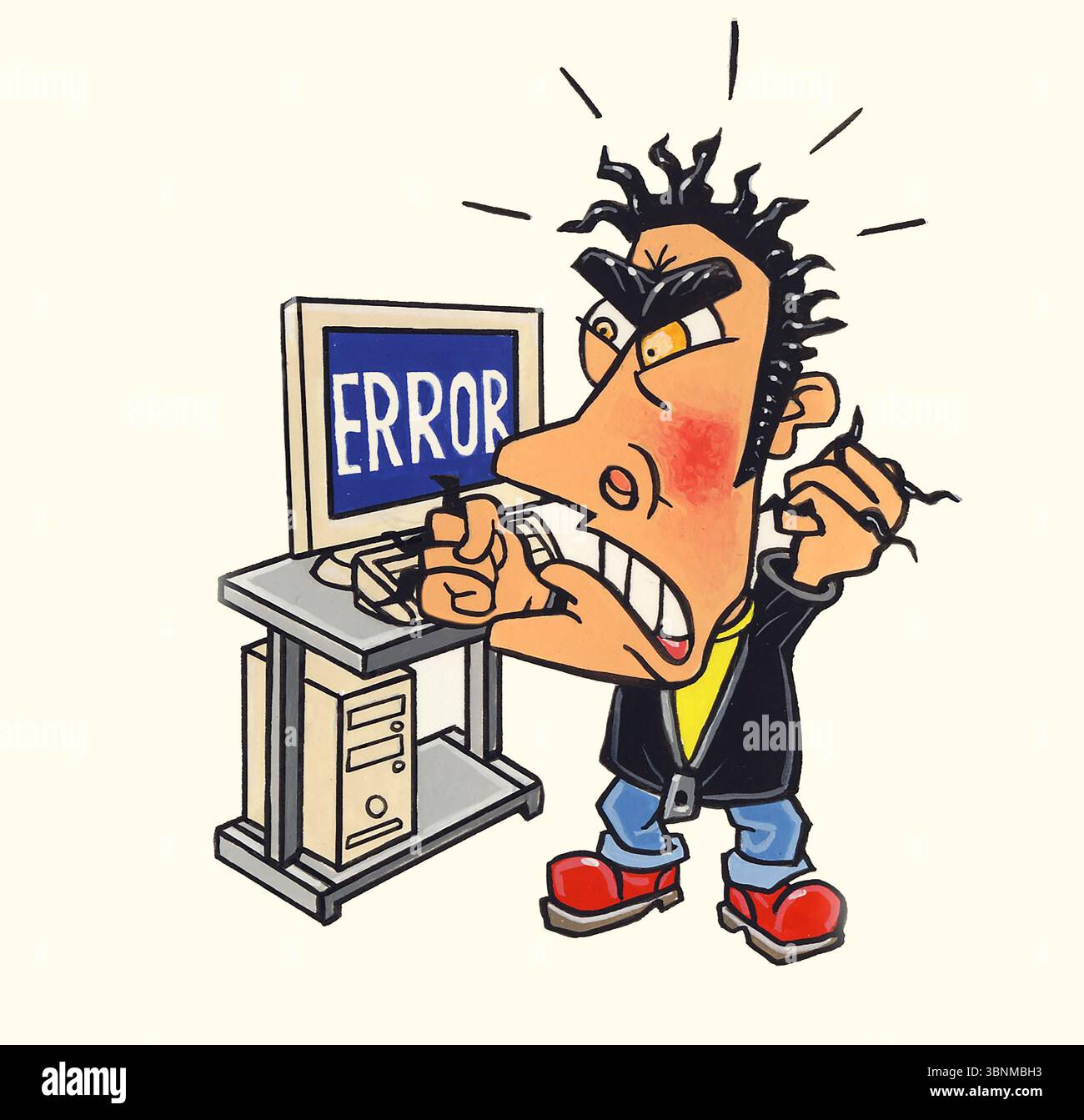 Computertechnik IT-Art-Mann vor einem Computerbildschirm, der „Fehler“ liest, frustriert sein Haar herauszieht und Computerprobleme veranschaulicht Stockfoto