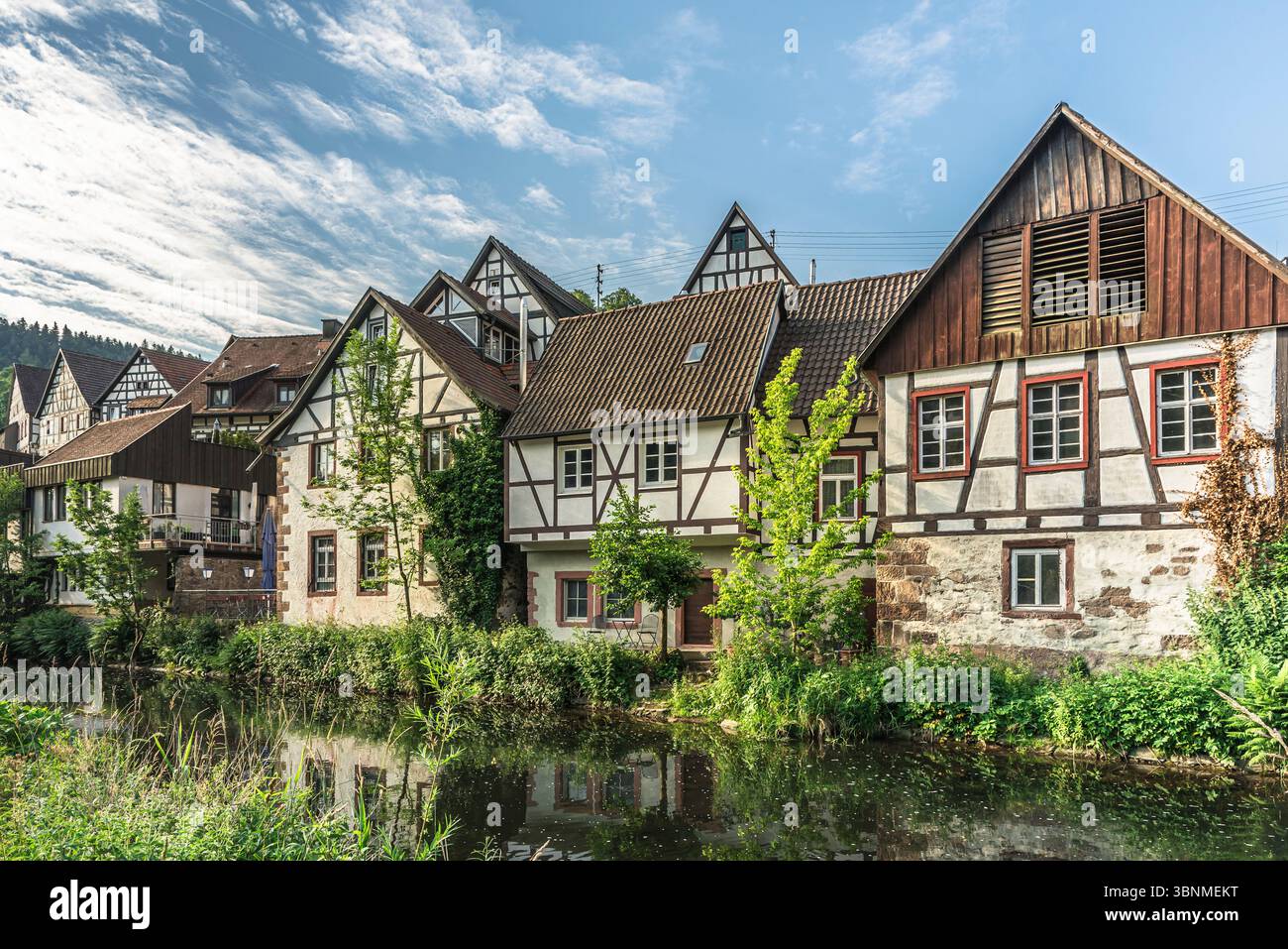 Fachwerkhäuser am Ufer der Kinzig, Schiltach, Baden-Württemberg Stockfoto