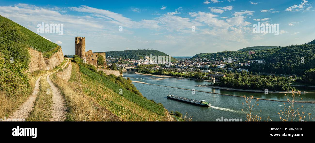 Schloss Ehrenfels, eine Hügelburg, der Mäuseturm und das Binger Loch, dahinter Bingen und Bingerbrück, wo das Mittelrheintal beginnt Stockfoto