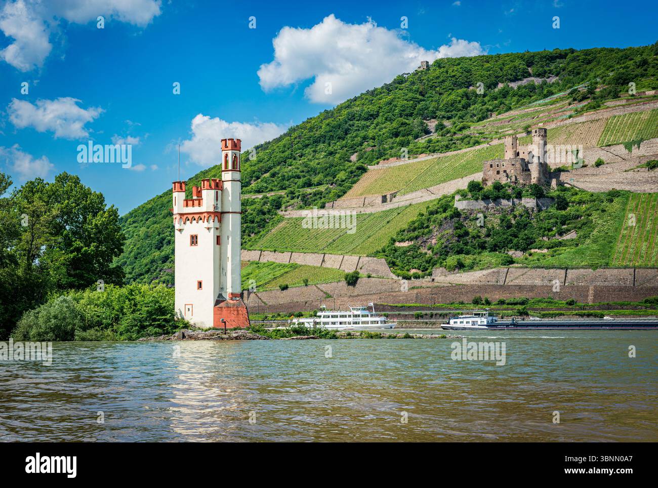 Die Ruinen Mäuseturm und Ehrenfels bei Bingen, wo das obere Mittelrheintal beginnt und damit zum gleichnamigen UNESCO-Weltkulturerbe gehört Stockfoto