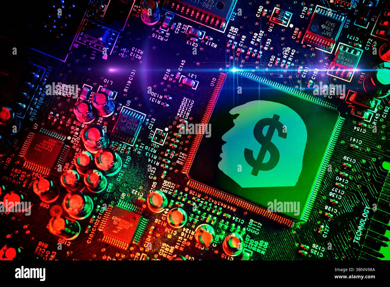 Computerchip mit Trump-Profil und Dollarzeichen, Symbolfoto Trump-Münze, Fotomontage Stockfoto