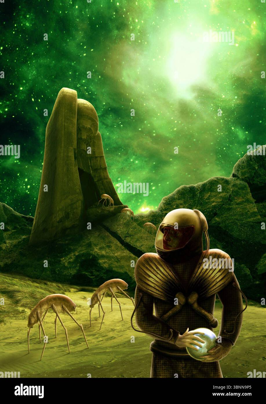 Ein außerirdischer Astronaut hält eine silberne Kugel und bewacht seltsame Kreaturen, die zu einer Struktur, einem Planeten, einem Felsen, einem Sand, einem Helm, Leerraum Stockfoto