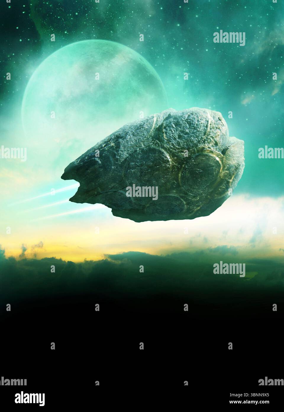 Ein außerirdisches Raumschiff vor einem riesigen Mond, Weltraum, Wolken Stockfoto