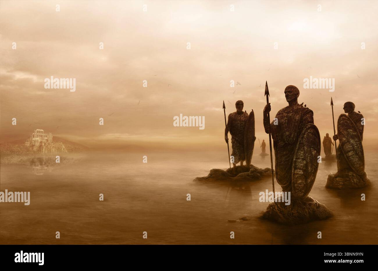 Riesige Statuen mit Lanzen und Schilden auf Inseln im Meer, Palastruinen im Hintergrund, bewölkter Himmel, Nebel, strahlende Sonne, Stockfoto