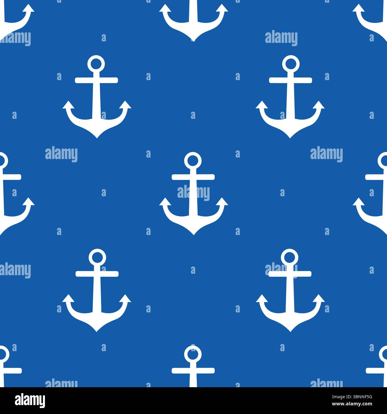 Nahtloses nautisches Muster mit weißer Ankersilhouette in Polka Dot-Reihenfolge auf marineblauem Hintergrund im flachen Cartoon-Stil. Klassisches Marine-Design perfekt Stock Vektor