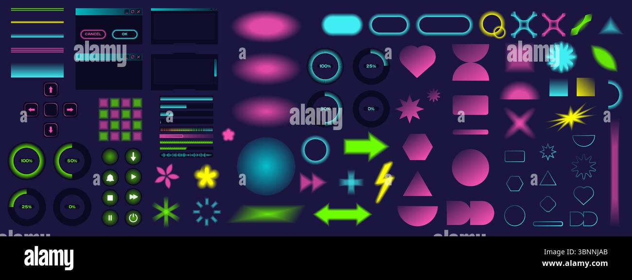 Neon leuchtende UI-Elemente mit Schaltflächen Fortschrittsbalken Formen und Schnittstellenkomponenten Stock Vektor