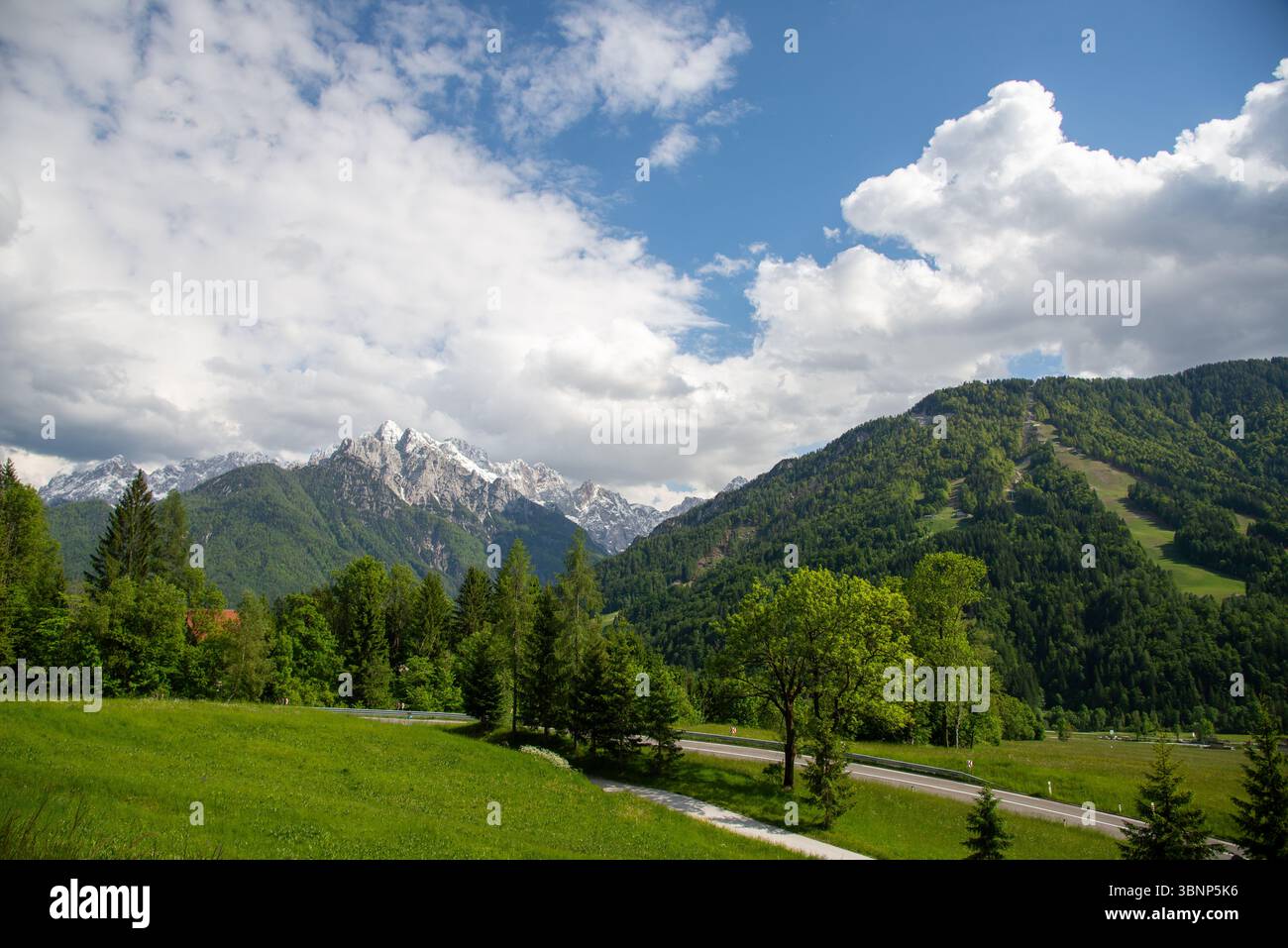 Berge und Fluss bei Kranjska Gora, Slowenien Stockfoto