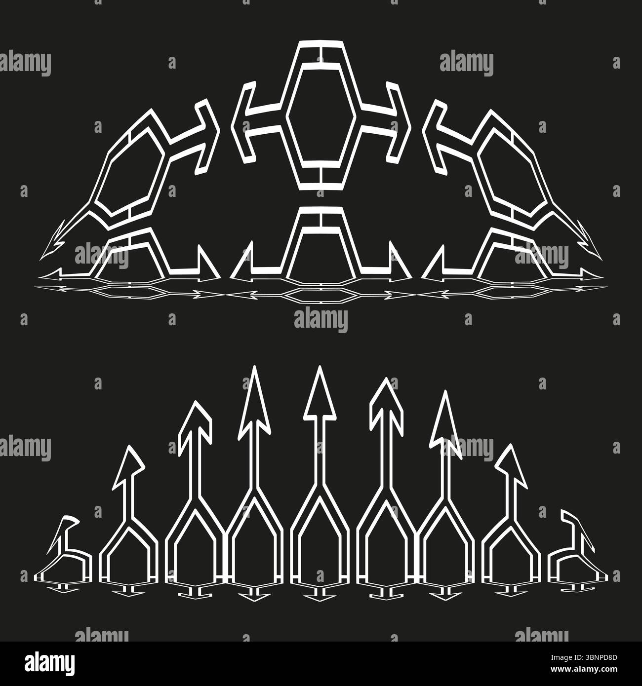 Silhouette der Raketenlinie. Symmetrisches Raketenarray. Vektor der militärischen Formation. Auf schwarzem Hintergrund. Stock Vektor
