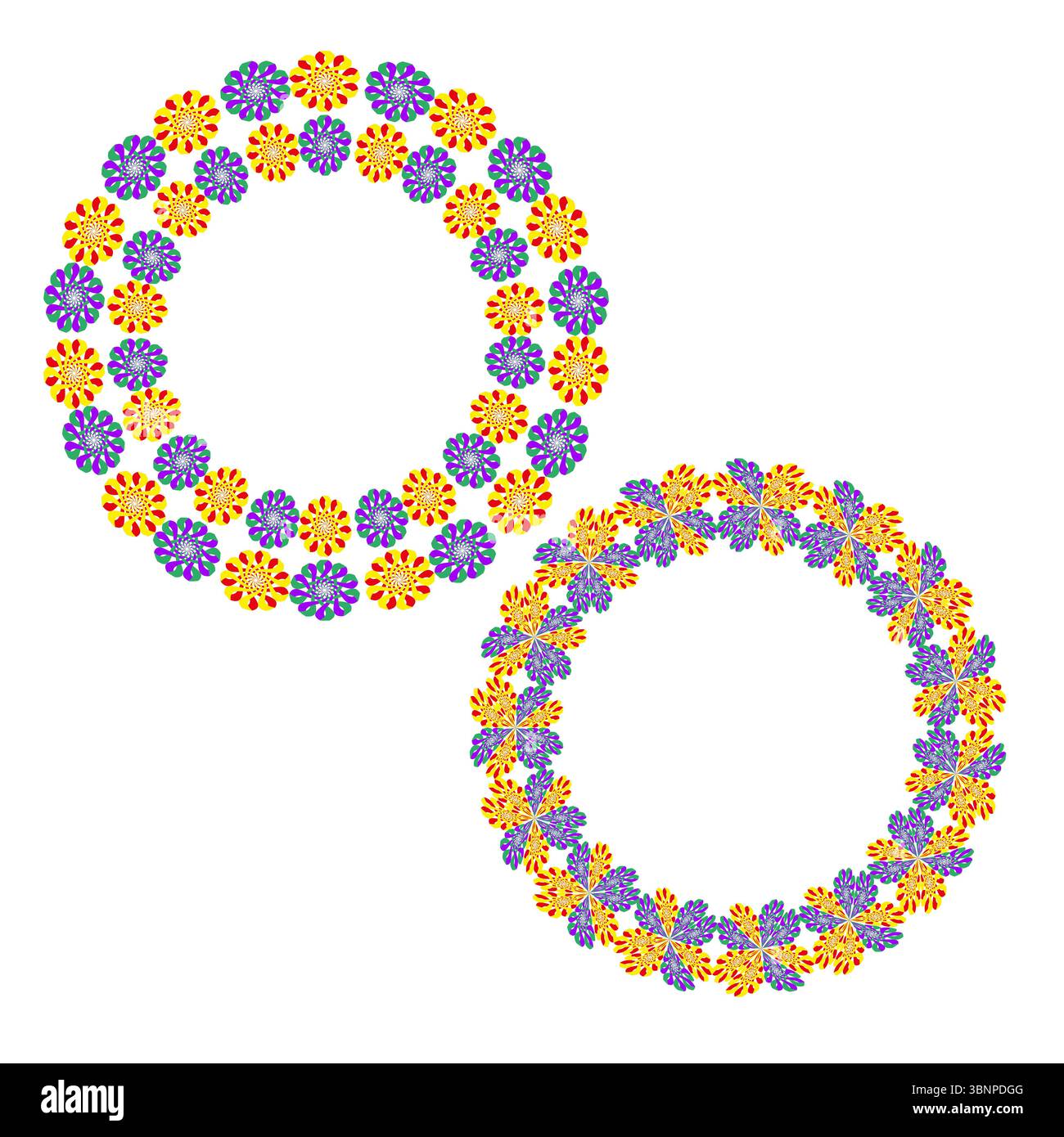 Gepunktete Ringduo. Buntes Schleifensymbol. Verlaufsvektorkreise. Dynamisches Orbitenpaar. Stock Vektor