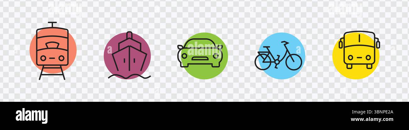 Verkehrssymbole Set mit Zug, Boot, Auto, Fahrrad und Bus Stock Vektor