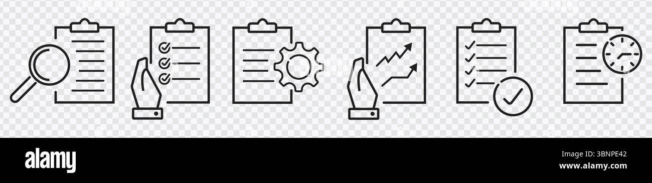 „Symbole In Der Zwischenablage – Checkliste, Aufgabenverwaltung, Fortschritt, Zeit“ Stock Vektor