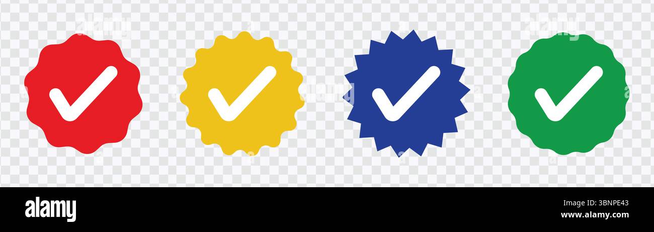 Farbige Checkmark-Symbole – Rote, Gelbe, Blaue, Grüne Dichtungen Stock Vektor