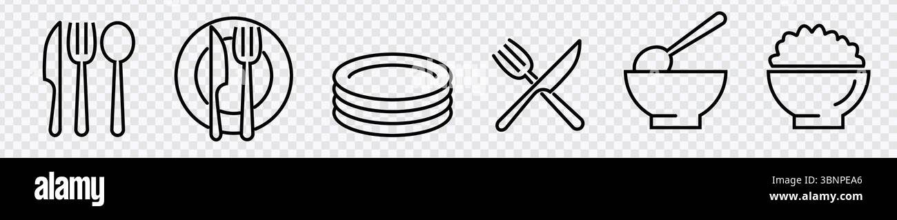 Küchen- und Essenssymbole - Geschirr, Teller und Schüsseln Stock Vektor