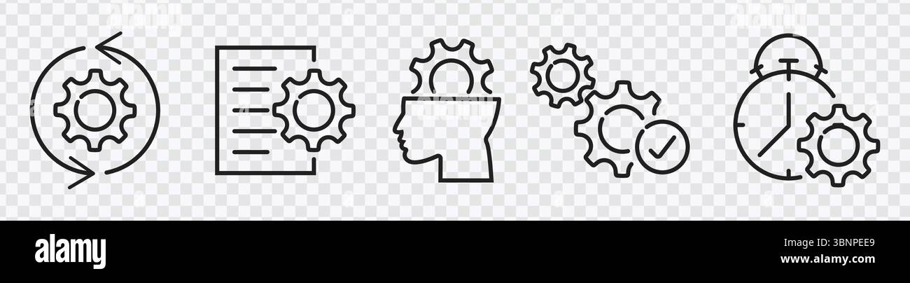Prozess- und Workflow-Symbole festgelegt: Gänge, Verwaltung, Zeit, Optimierung Stock Vektor