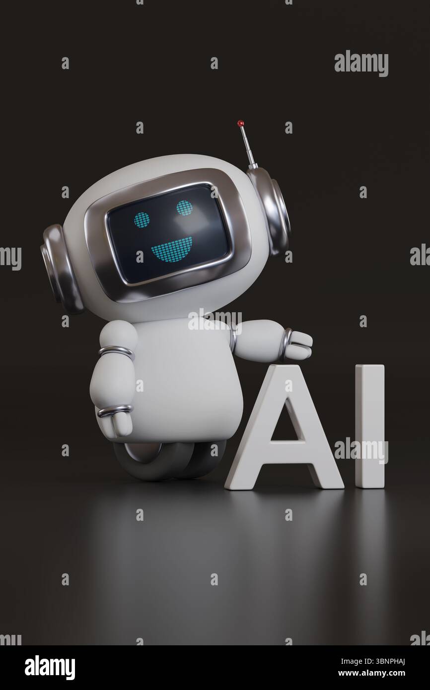 Süßer glücklicher Roboter mit KI-Text auf dunklem Hintergrund. 3D-Abbildung. Stockfoto