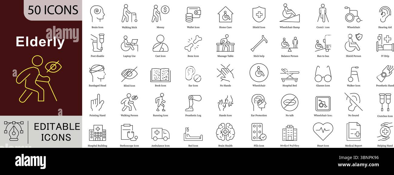 Ältere Pflegelinien-Symbole: Seniorengesundheit, Assistenz und Alterung unterstützende Vektoren Stock Vektor