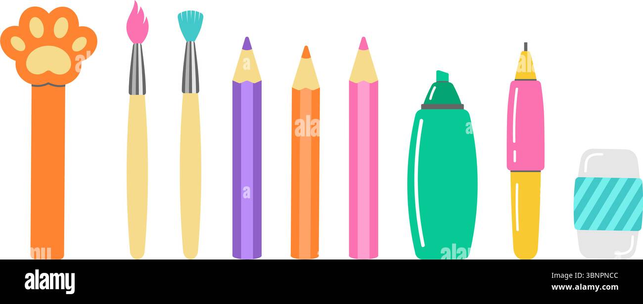 Set mit Schulutensilien, Pinsel, Lesezeichen, Bleistiften, Filzstiften, und ein Radierer, perfekt für kreative Designs oder für den Schulbesuch. Stock Vektor