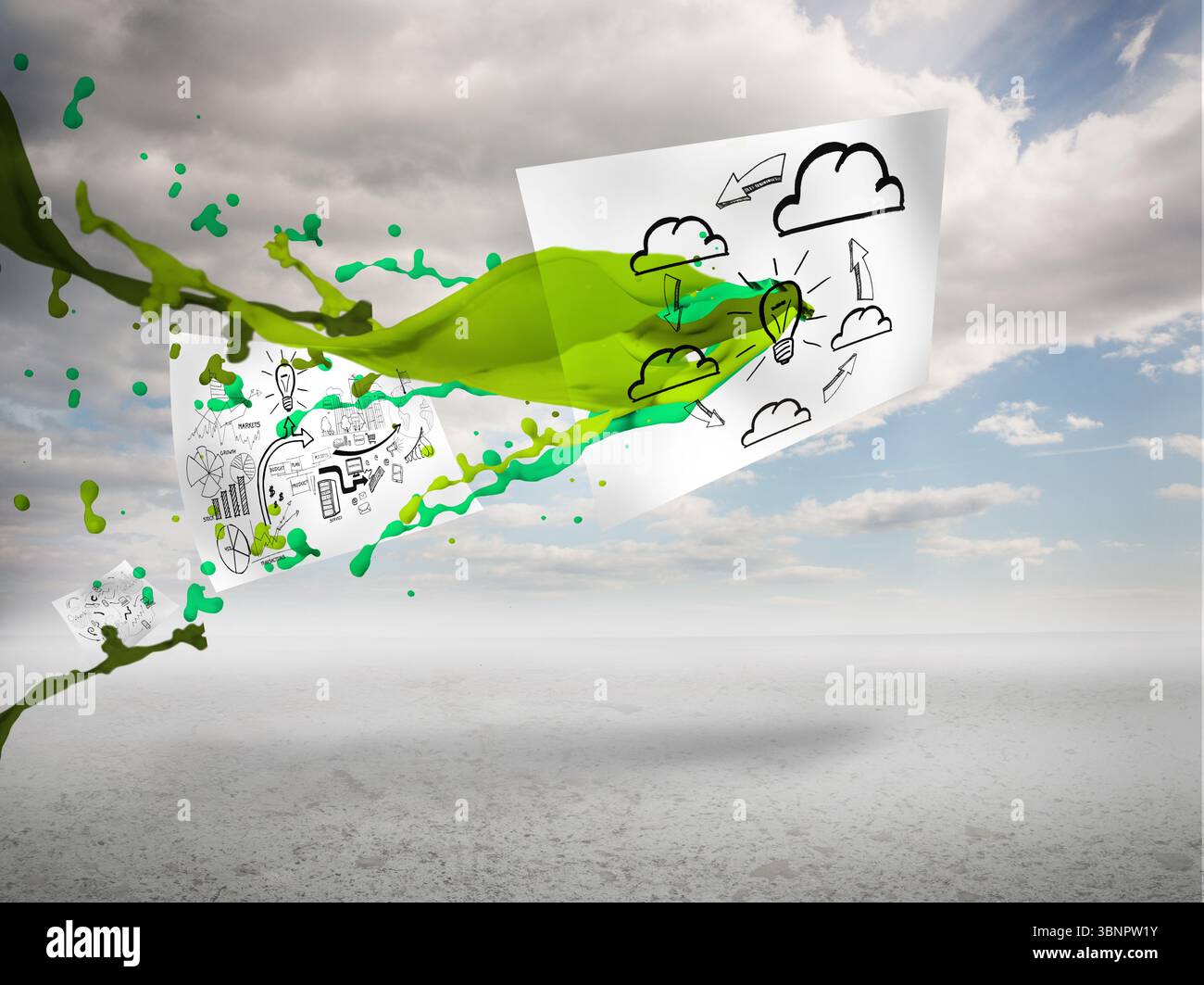 Brainstorming-Seiten, die über der Wüste fliegen Stockfoto