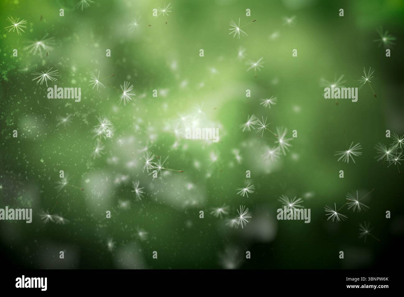 Digital generiert Löwenzahnsamen auf grünem Hintergrund Stockfoto