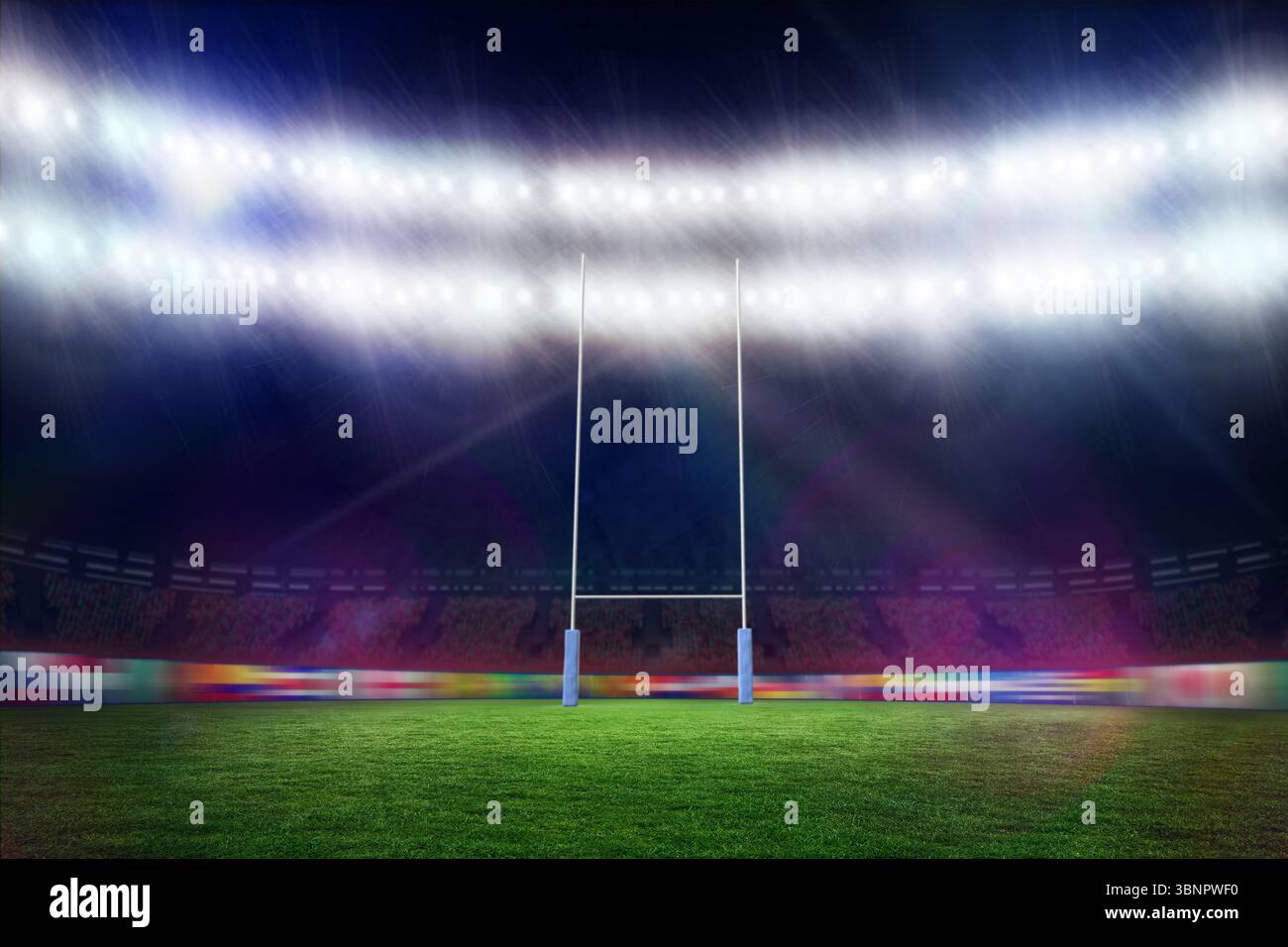 Weiße Torpfosten mit blauer Polsterung stehen unter hellen Flutlichtern in flachem Design, Kopierraum Stockfoto