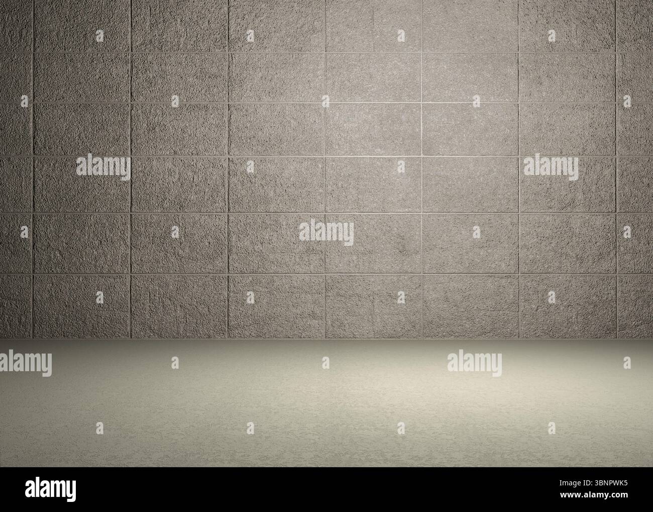 Minimalistischer 3D-Renderraum mit strukturierten grauen Fliesen und sanftem Licht auf glatten Boden Stockfoto