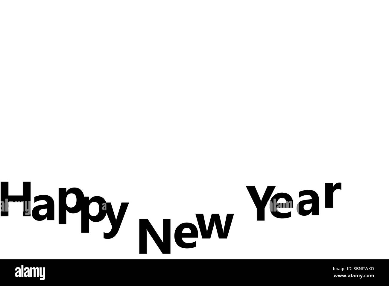 Der auffällige schwarze „Happy New Year“-Satz wird auf weißem Hintergrund in flachem Design angezeigt Stockfoto