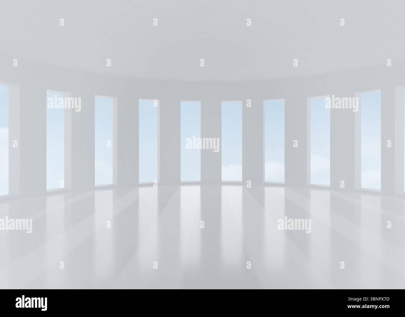 Mit leerem, geschwungenem Saal mit Säulen, Bodenreflexen und hohen Fenstern in flachem Design Stockfoto