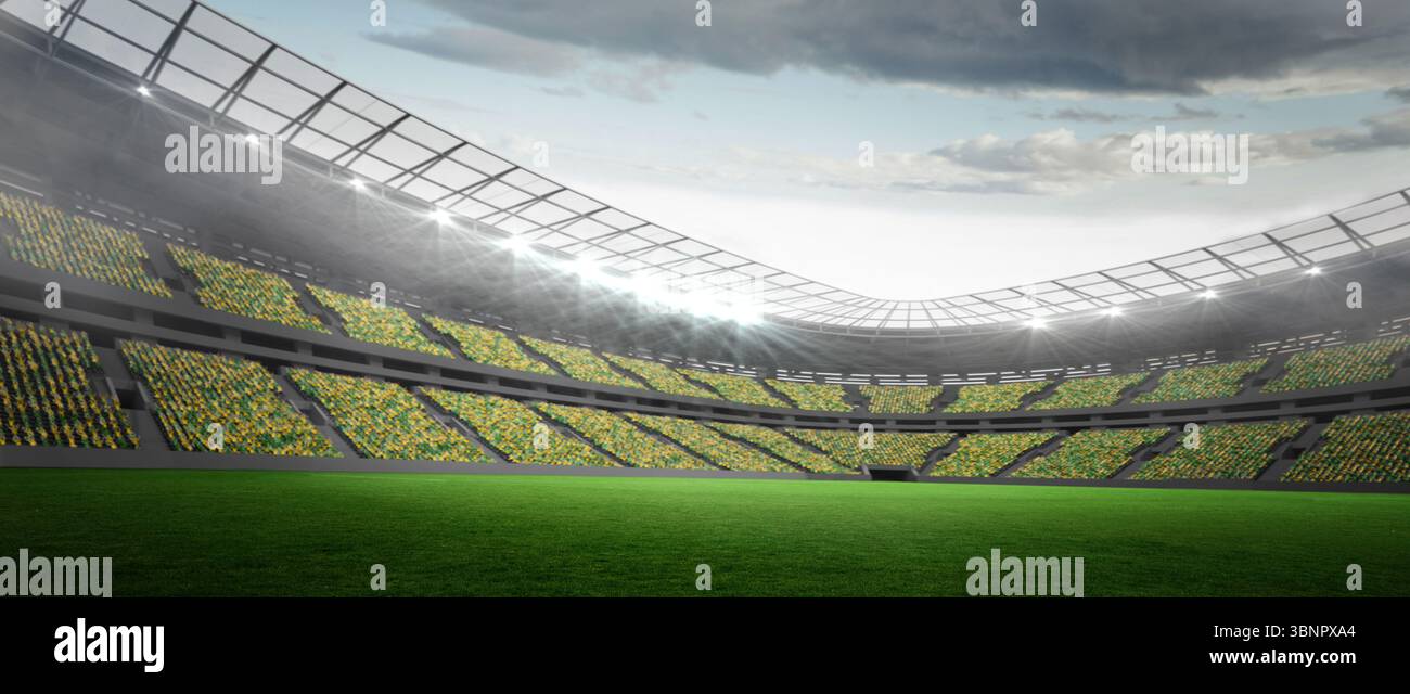 Flaches Design im Stadion mit Rasenplatz mit gelb grünen Sitzen und Flutlichtern Stockfoto