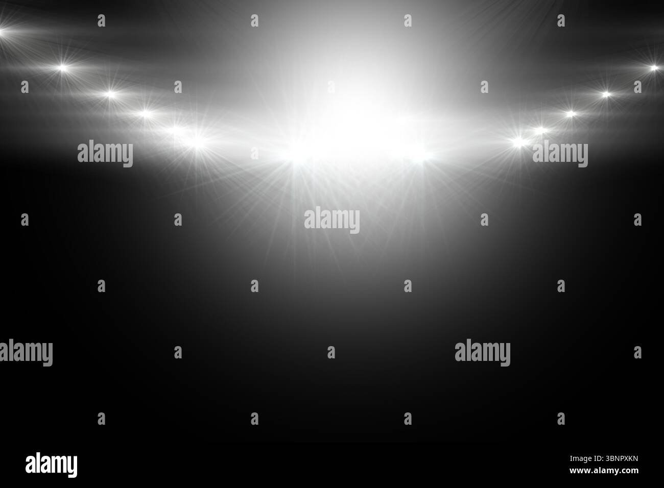 Flaches Design mit dunkler Theaterszene mit abgefackelter Starburst und Seitenlichtern in der Mitte Stockfoto