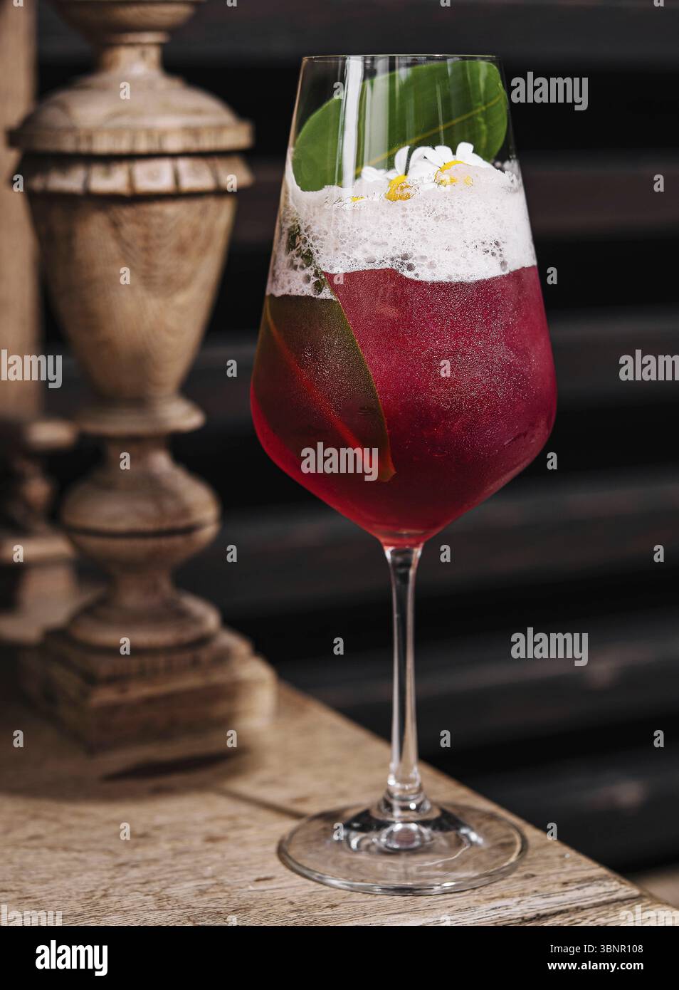 Roter, frischer exotischer alkoholischer Cocktail und Ananasblatt Stockfoto