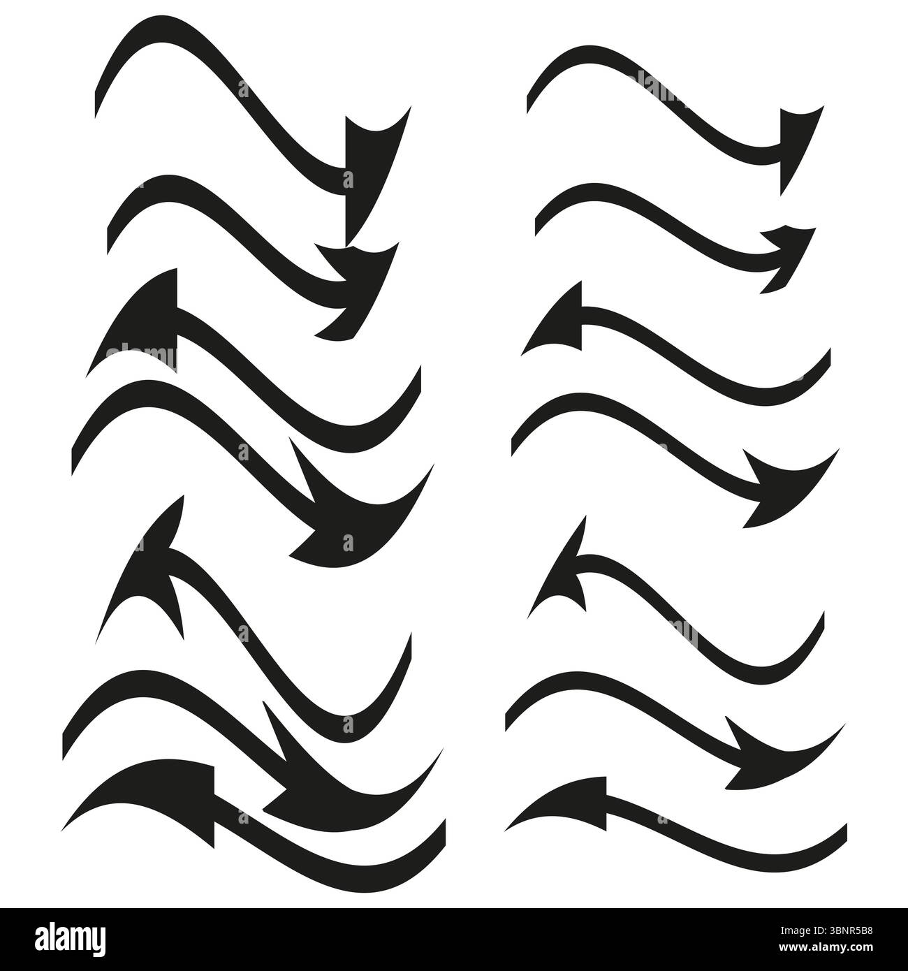 Wellige Pfeilsymbole. Dynamische Kurvensymbole. Fluidrichtungsvektor. Zeichen für energetische Bewegung. Stock Vektor