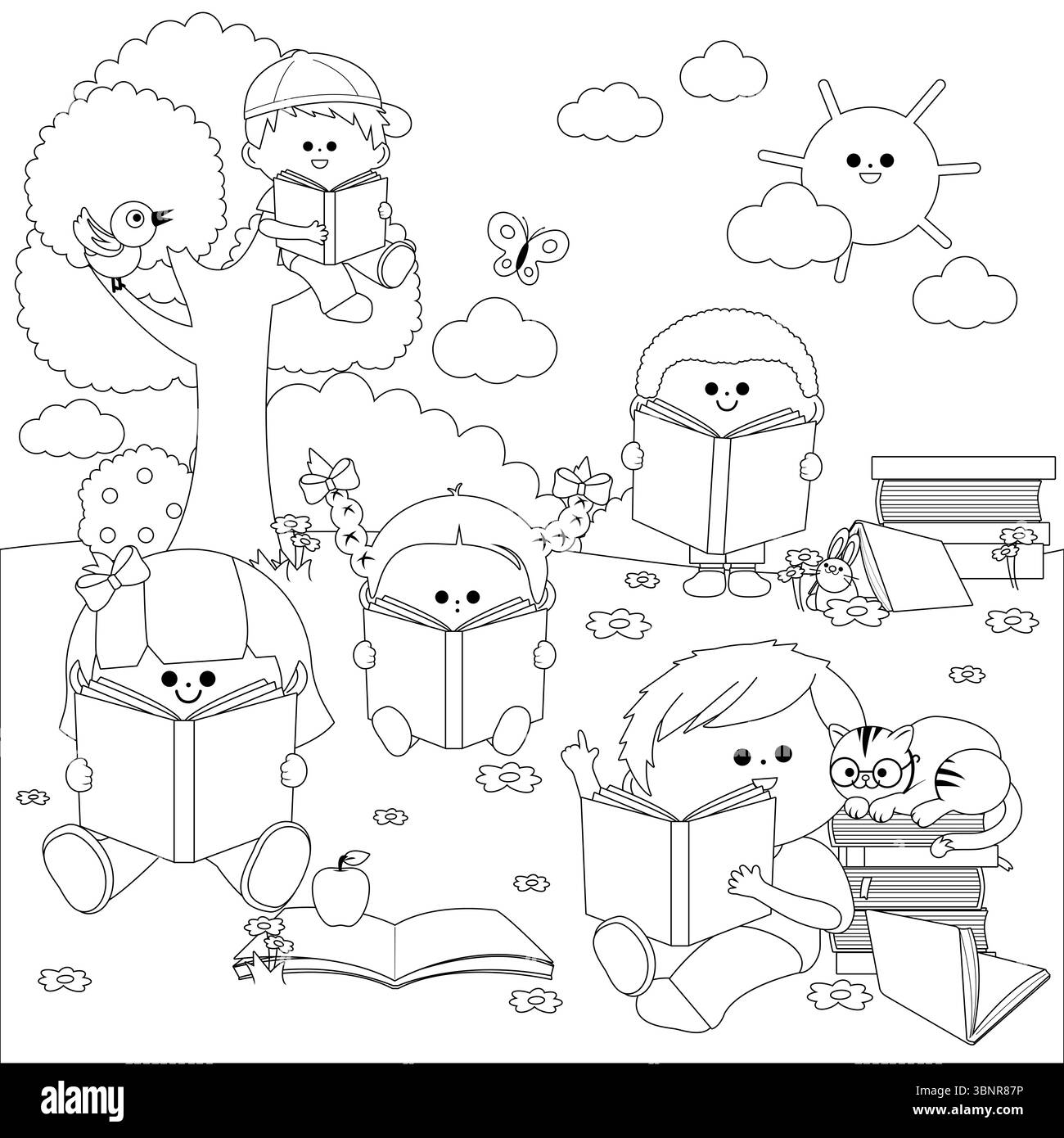 Glückliche Kinder, die Bücher in der Natur lesen. Kinder buchen Tagesfeier. Schwarzweiß-Ausmalseite. Stockfoto