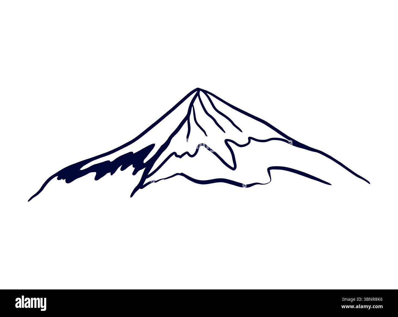 Mount Fujiyama in Japan. Hand gezeichnete Vektorillustration des Berges in grafischer schwarz-weiß-Art, Kalligraphie. Für Touristenkarten, Einladungen, Stock Vektor