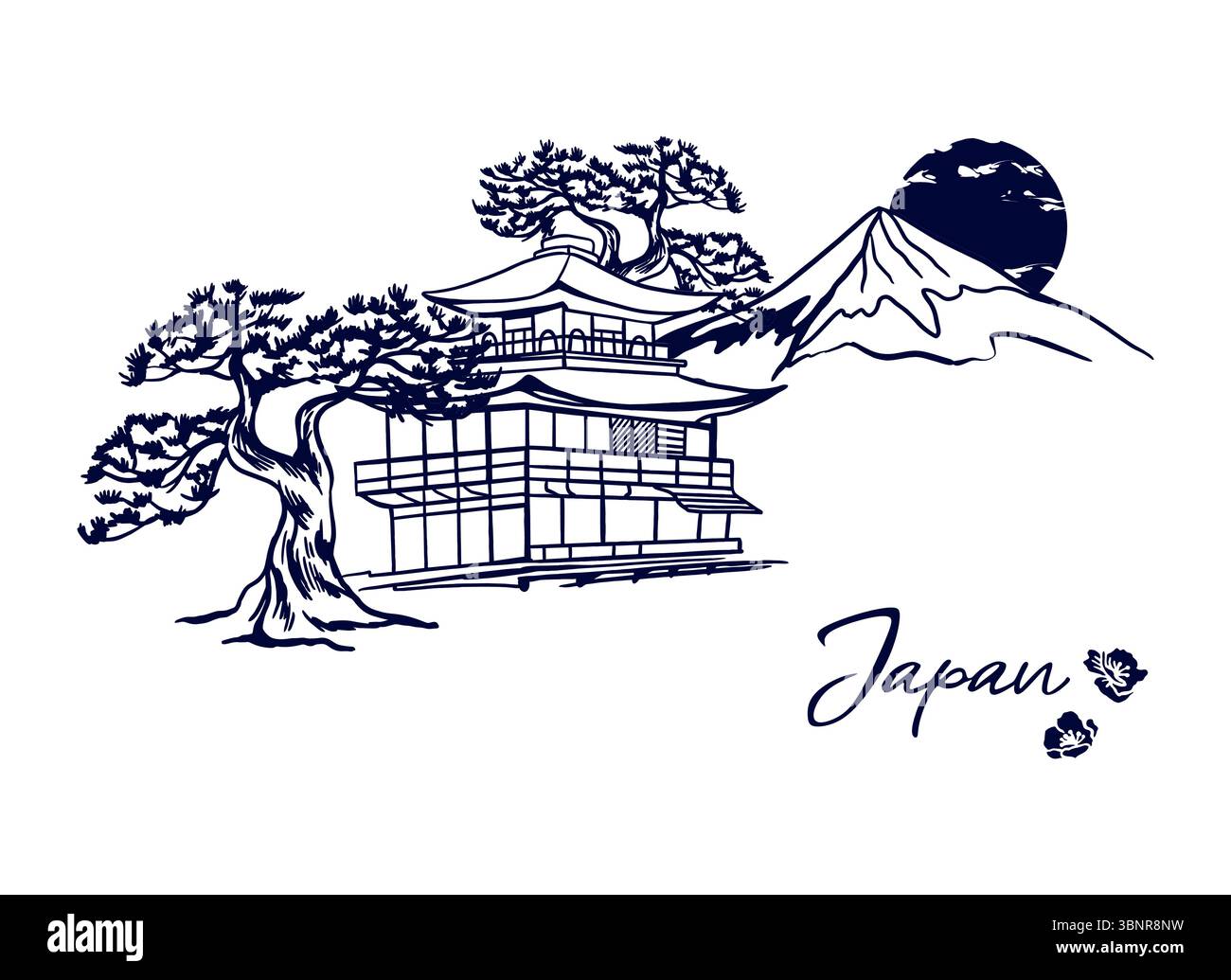 Sakura-Zweig, japanische Kiefer, Haus, Berg, Sonne. Silhouetten traditioneller Symbole im grafischen Stil. Handgezeichnete Vektorgrafik. Für Touristen p Stock Vektor
