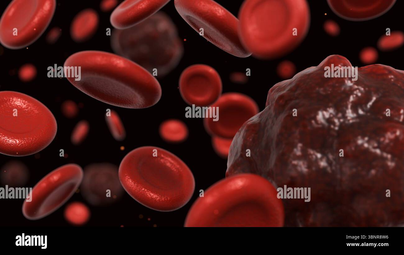 Eine 3D-Darstellung einer Blutprobe, die eine Krebsbildung enthält und eine Darstellung eines Bluttumors oder einer bösartigen Zelle liefert. Stockfoto