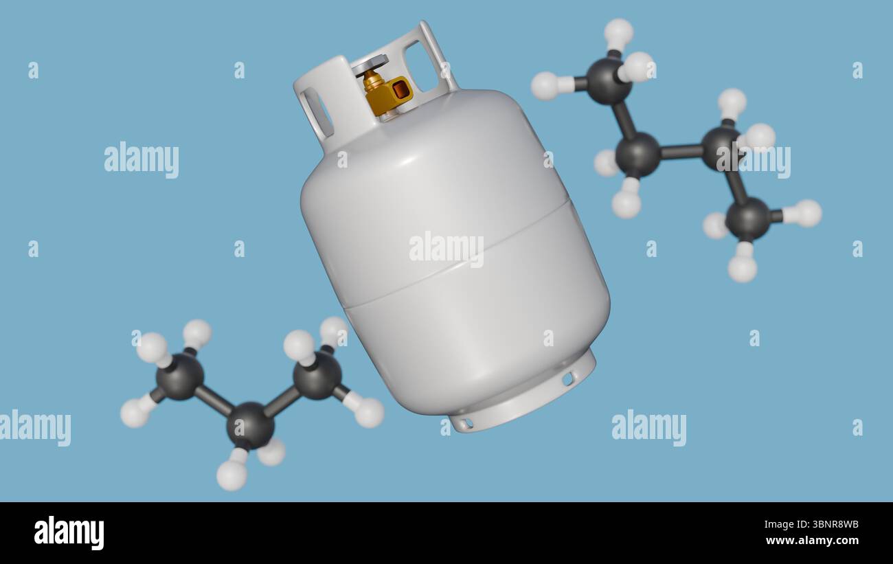 Ein 3D-Rendering von Flüssiggas (LPG) mit Schwerpunkt auf seinen molekularen Komponenten: Butan- und Propanmolekülen sowie weißen Gastanks. Stockfoto