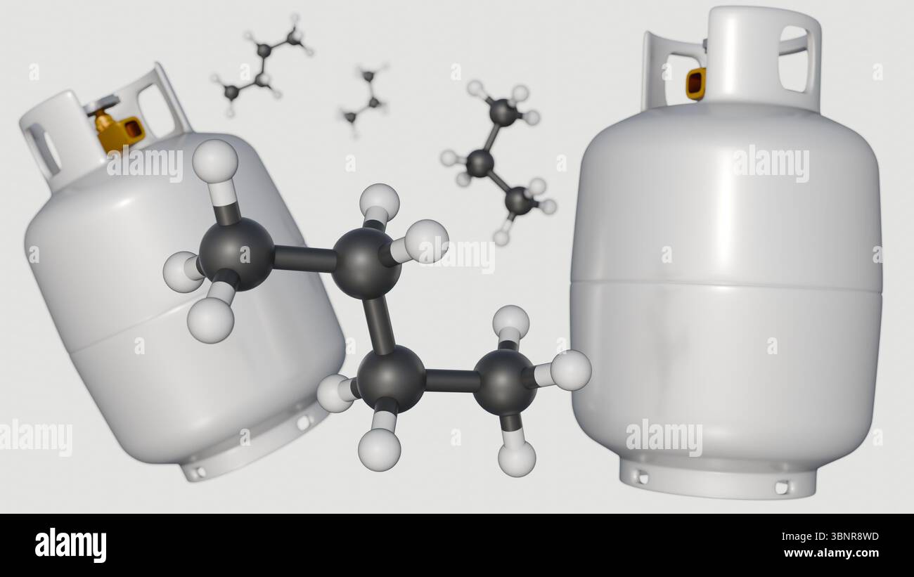 Ein 3D-Rendering von Flüssiggas (LPG) mit Schwerpunkt auf seinen molekularen Komponenten: Butan- und Propanmolekülen sowie weißen Gastanks. Stockfoto