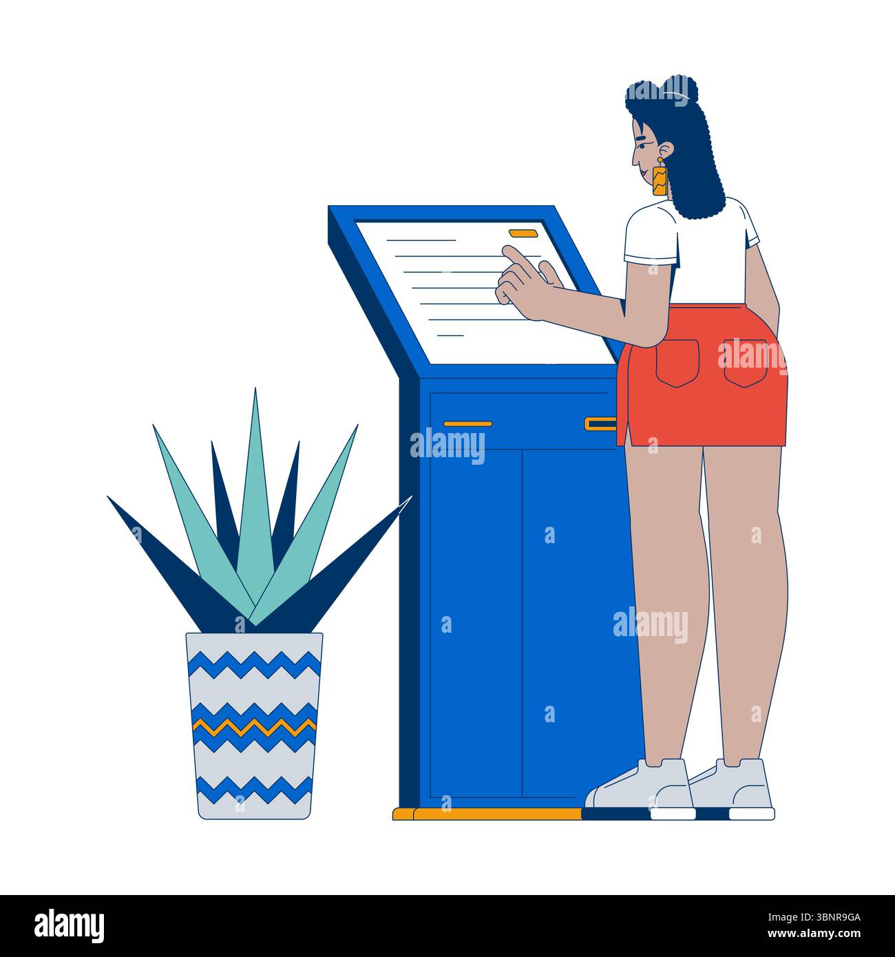 Latina-Frau mit Self-Service-Banking-Kiosk 2D-Vektor-Illustration Stock Vektor