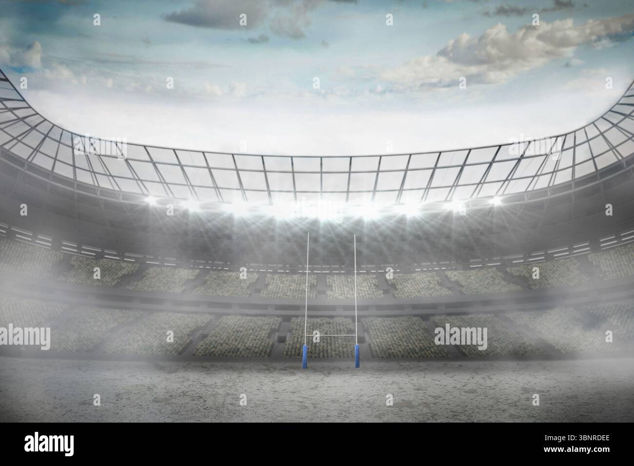 Flache Torpfosten mit blauen Sockeln stehen auf dem Boden unter dem geschwungenen Dach, die Flutlichter leuchten Stockfoto