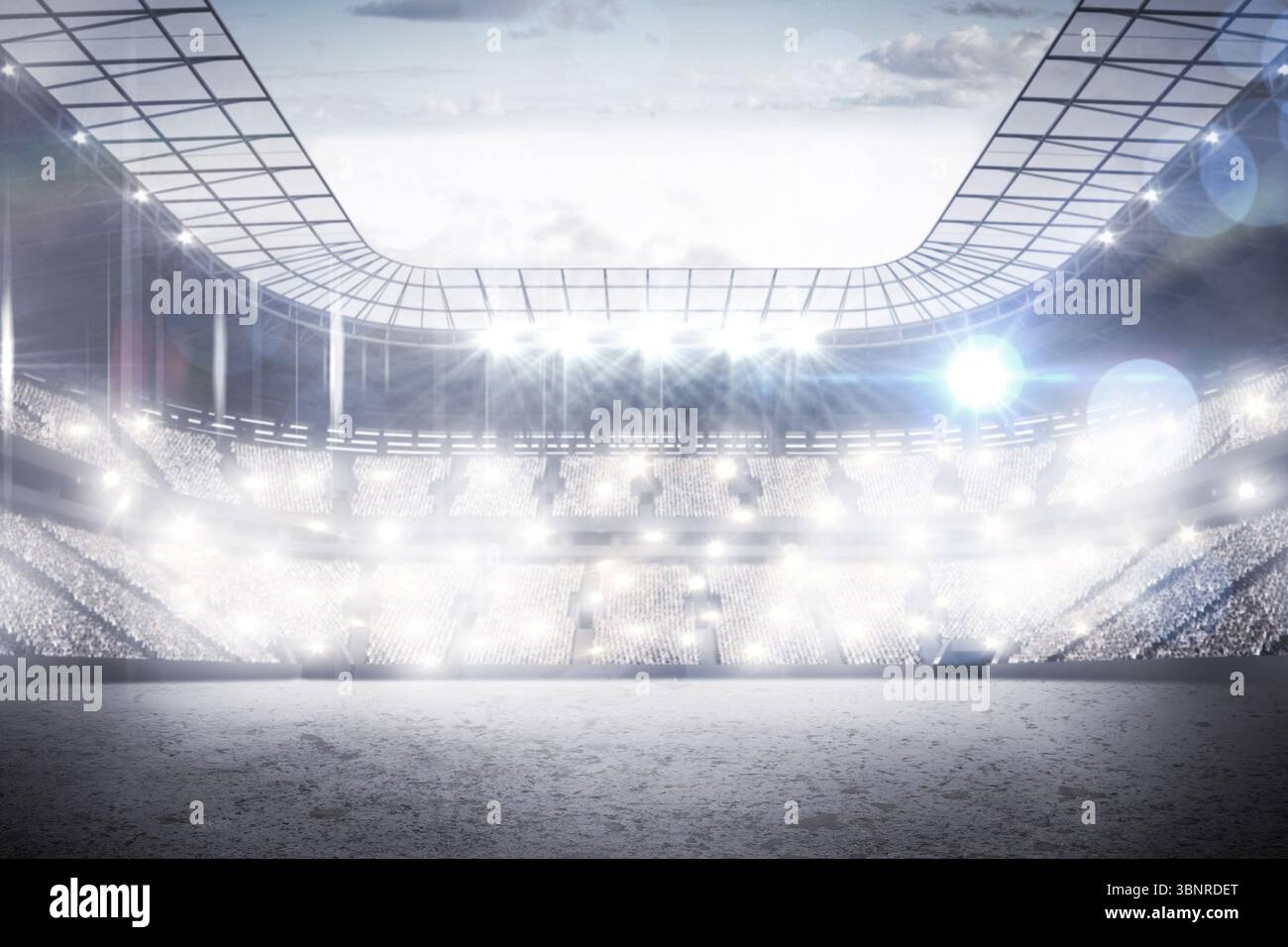 Das leere Stadion zeigt flache Flutlichter, die Stände und das Feld unter bewölktem Himmel beleuchten Stockfoto